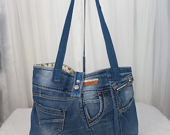 Handmade Upcycled Denim Tote Bag, Large Jean Shoulder Shopper, Cotton Lined Bag with Pockets, One of a Kind Sustainable Purse