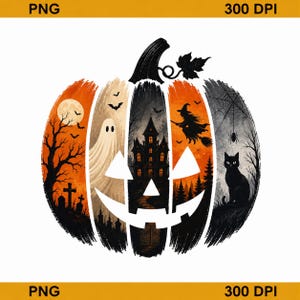 Può includere: Un'immagine digitale di una zucca di Halloween con pannelli verticali che mostrano scene come un cimitero, un fantasma, una casa stregata, una strega su una scopa, una ragnatela e un gatto nero, in arancione, nero e bianco.