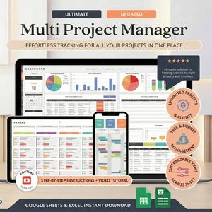 Könnte beinhalten: Ein digitales Projektmanagement-Tool, das auf einem Laptop, Tablet und Smartphone angezeigt wird. Die Oberfläche zeigt Diagramme und Projektzeitpläne. Der Text enthält "Multi Project Manager" und "Google Sheets & Excel Instant Download".