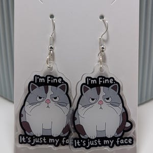 May include: A pair of cat-shaped earrings with a grumpy expression. The earrings are white and gray with brown spots, and the text "I'm Fine. It's just my face" is printed on each earring. The earrings have silver hooks.
