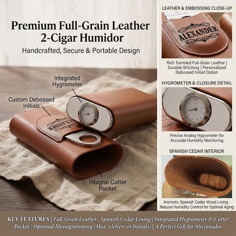 May include: A tan full-grain leather 2-cigar humidor featuring an integrated analog hygrometer, a custom debossed name, and an exterior pocket for a cigar cutter. The interior is lined with Spanish cedar wood for humidity control and storage.