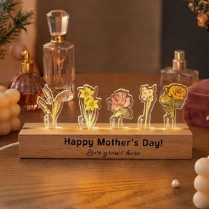 Personalized Birth Flower Light, Custom Name Floral Nightlight, Acrylic Wood Base, Mom Gift