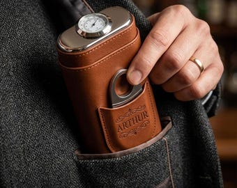 Personalized Cigar Case with Cutter,Custom Engraved Leather Travel Humidor,Groomsmen Gift for Him,Father’s Day Gift,Birthday Gift forHusband