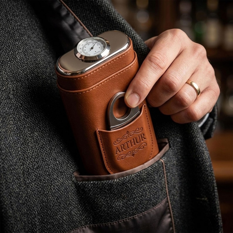 Personalized Cigar Case with Cutter,Custom Leather Travel Humidor,Groomsmen Gift for Him,Father’s Day Gift,mens christmas gift image 5