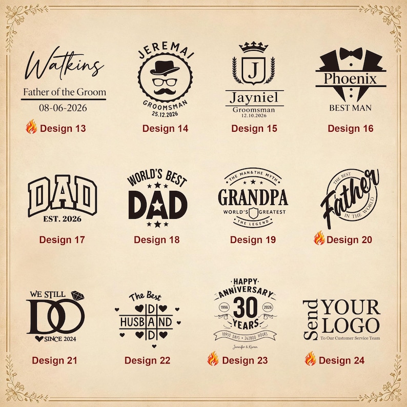 May include: A collection of twelve black graphic designs on a light beige background, featuring various text and symbols for custom engraving. Designs include labels like Father of the Groom, Groomsman, Dad, Grandpa, Father, Husband, and Anniversary.