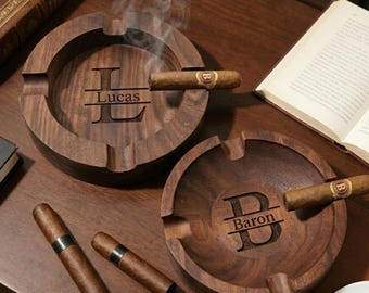 Personalized Wooden Cigar Ashtray, Custom Name Cigar Accessories, Unique Anniversary Gift for Husband