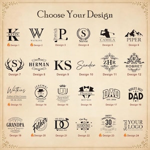 May include: A grid of twenty-four black graphic design options on a light beige background, labeled Design 1 through Design 24. The designs feature various monograms, names, dates, and illustrations including mountains, golf, crowns, and text.