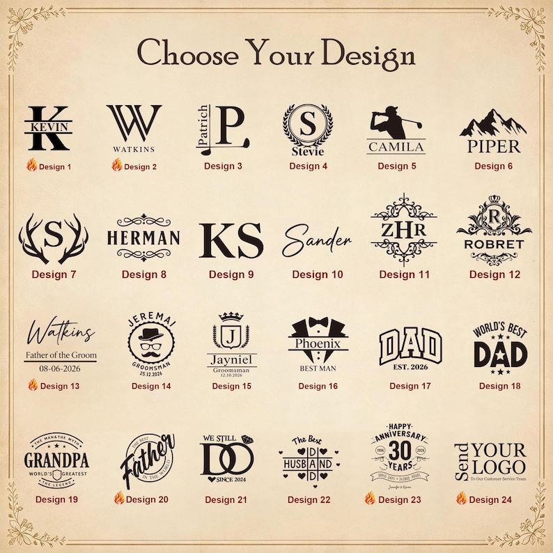 May include: A grid of twenty-four black graphic design options on a light beige background, labeled Design 1 through Design 24. The designs feature various monograms, names, dates, and illustrations including mountains, golf, crowns, and text.