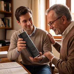 May include: A matte black cylindrical tumbler featuring the text "DAD" and "WORLD'S BEST DAD" with star accents. The container has a sleek, modern design with a metallic rim at the top and bottom, presented as a gift in a dark, textured sleeve.