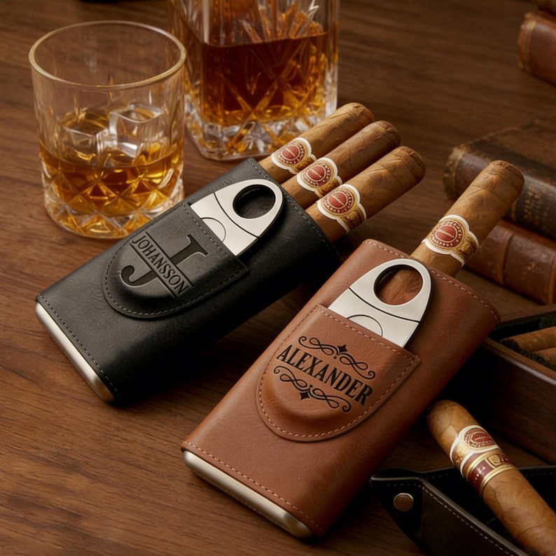 Personalized Cigar Case with Cutter,Custom Leather Travel Humidor,Groomsmen Gift for Him,Father’s Day Gift,mens christmas gift image 3