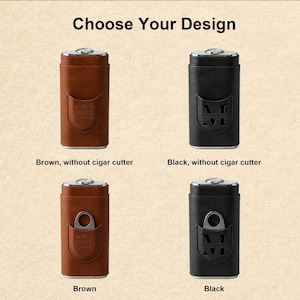 May include: Four cigar cases with metallic tops and integrated hygrometers. Two are brown and two are black. Each features a front pocket, some containing a silver cigar cutter. Text labels include Choose Your Design, Brown, Black, and without cigar cutter.