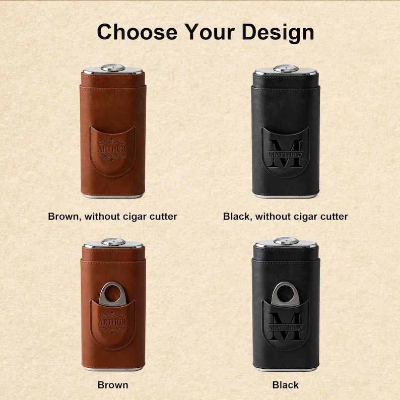 May include: Four cigar cases with metallic tops and integrated hygrometers. Two are brown and two are black. Each features a front pocket, some containing a silver cigar cutter. Text labels include Choose Your Design, Brown, Black, and without cigar cutter.