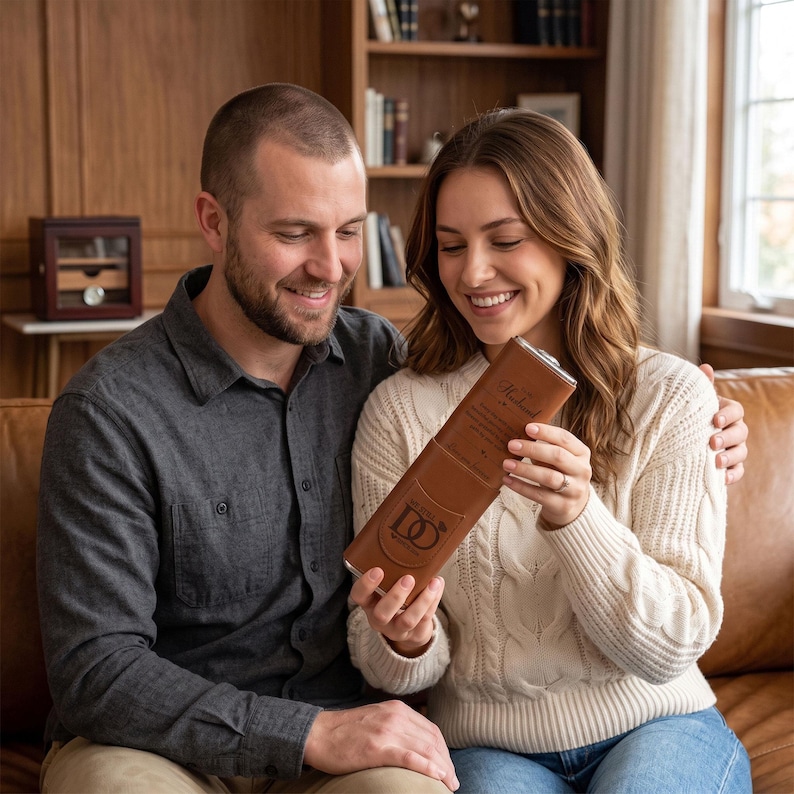 May include: A cylindrical brown leather-wrapped flask featuring a metal cap and a debossed logo with the text "MY LITTLE DO" and "HUSBAND" engraved on the upper section. The flask has a smooth, tan-colored exterior with visible stitching details.