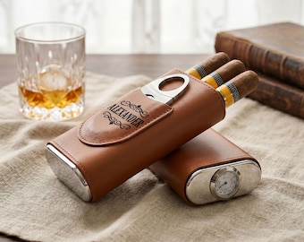 Personalized Leather Cigar Case with Hygrometer, Custom Engraved Cigar Humidor with Cutter, Monogrammed Groom Men Gift for Groomsmen
