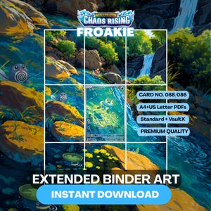 May include: Extended binder art featuring a Froakie trading card centered in a grid overlay. The artwork depicts a vibrant stream with rocks, greenery, and a waterfall. Text includes "MEGA EVOLUTION CHAOS RISING," "FROAKIE," "CARD NO. 088/086," and "EXTENDED BINDER ART INSTANT DOWNLOAD."