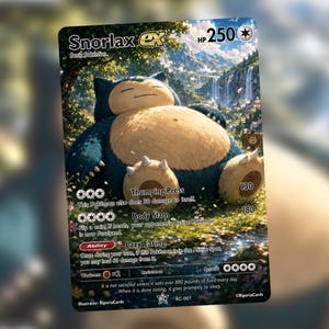 May include: A Snorlax ex trading card with 250 HP, featuring a large blue and cream-colored creature resting in a lush, sunlit forest landscape with a waterfall. The card displays attacks Thumping Press and Body Slam, and the Lazy Eating ability.