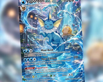 May include: A Vaporeon ex trading card with 320 HP, featuring a blue aquatic creature surrounded by swirling water, a waterfall, and a traditional building. The card displays the attacks Mind Bend and Aqua Cyclone, the Liquid Focus ability, and cameos of Psyduck and Marill.