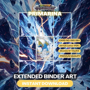 May include: A digital extended binder art file featuring a Manectric trading card centred against a dark, jagged blue and white crystalline background. Text includes MEGA EVOLUTION PITCH BLACK, PRIMARINA, CARD NO. 089/084, A4+US LETTER PDFS, STANDARD + VAULTX, PREMIUM QUALITY, EXTENDED BINDER ART, and INSTANT DOWNLOAD.