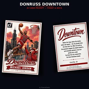 Puede incluir: Juego de dos cartas con temática de baloncesto. La carta frontal muestra a Michael Jordan con el uniforme rojo de los Chicago Bulls, haciendo un mate. El diseño de la carta incluye la palabra "Downtown" y "Michael Jordan Chicago". La carta trasera tiene la palabra "Downtown" y texto.