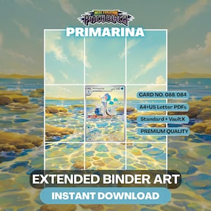 May include: A digital graphic featuring a Primarina trading card centered over a coastal landscape. Text includes MEGA EVOLUTION PITCH BLACK, PRIMARINA, CARD NO. 088/084, A4+US LETTER PDFS, STANDARD + VAULTX, PREMIUM QUALITY, EXTENDED BINDER ART, INSTANT DOWNLOAD.