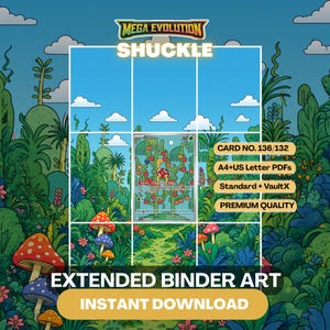 Peut inclure: Un graphique numérique présentant l'art de reliure étendu Mega Evolution Shuckle. L'image affiche une carte à collectionner Shuckle centrale entourée d'une scène de forêt illustrée vibrante avec des champignons colorés et du feuillage vert.
