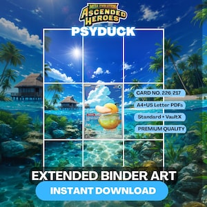 Pode incluir: Um arquivo digital com arte de pasta estendida Mega Evolution Ascended Heroes Psyduck. A imagem exibe uma carta colecionável Psyduck centralizada sobre uma cena de praia tropical com cabanas, palmeiras e água clara. O texto inclui Card No. 226/217, A4+US Letter PDFs, Standard + VaultX, Premium Quality e Instant Download.