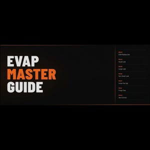 Pode incluir: Um guia preto com o título "EVAP MASTER GUIDE" em texto branco e laranja. O guia lista EVAP Malfunction, Small Leak, Large Leak, Very Small Leak, Loose Gas Cap, Purge Flow e Vent Control.