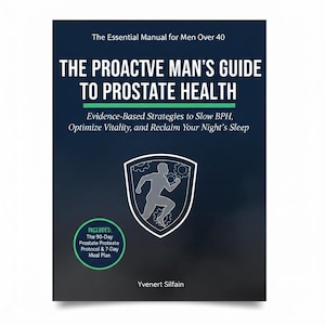 May include: A book cover with the title "THE PROACTIVE MAN'S GUIDE TO PROSTATE HEALTH" in large white letters. The cover also includes the text "Evidence-Based Strategies to Slow BPH, Optimize Vitality, and Reclaim Your Night's Sleep". A shield graphic with a running figure is also present.