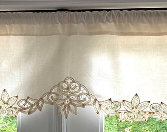 Vintage Ivory Battenburg Lace Valance plus 4 Cafe Curtains - Edwardian Victorian Romantic - Creamy Off-White