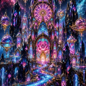 May include: A digital art image of a fantastical castle with vibrant colors. The castle features stained glass windows, spires, and a glowing pathway. The color palette includes shades of purple, blue, pink, and gold, creating a magical and ethereal atmosphere.