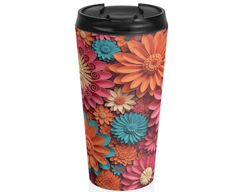 Retro Floral Pattern Stainless Steel Travel Mug | Colorful Daisies, Boho Floral Tumbler
