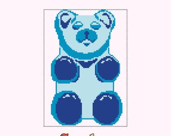 Gráfico de bordado de osito de goma azul / Patrón de bordado de caramelo / Descarga digital / 13 mallas