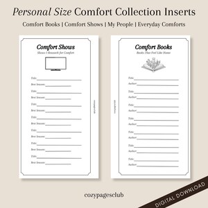 Op de afbeelding: Twee afdrukbare inzetstukken voor een planner van persoonlijk formaat. Eén inzetstuk is voor "Comfort Shows" en de andere voor "Comfort Books". Elk inzetstuk heeft ruimte om titels, auteurs en beste seizoenen te schrijven. De tekst "DIGITAL DOWNLOAD" staat onderaan.