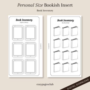 May include: Two white inserts for a personal size book, featuring a book inventory design. One insert has tablet outlines, labeled "Digital Library." The other insert has book outlines, labeled "My Bookshelf." The inserts are labeled "Personal Size Bookish Insert."