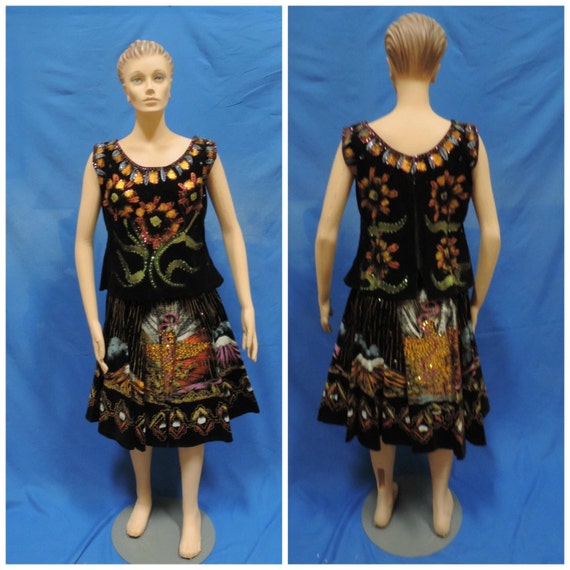 1950s Hand Painted Circle Skirt Top Sequin Salpra… - image 2