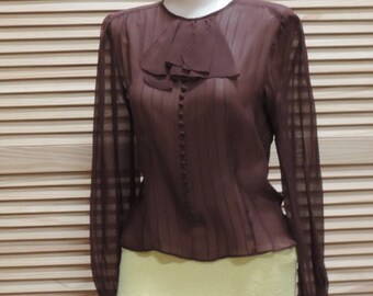 Sheer Blouse Brown Naughty Secretary Pintucks Front Neck Ruffle