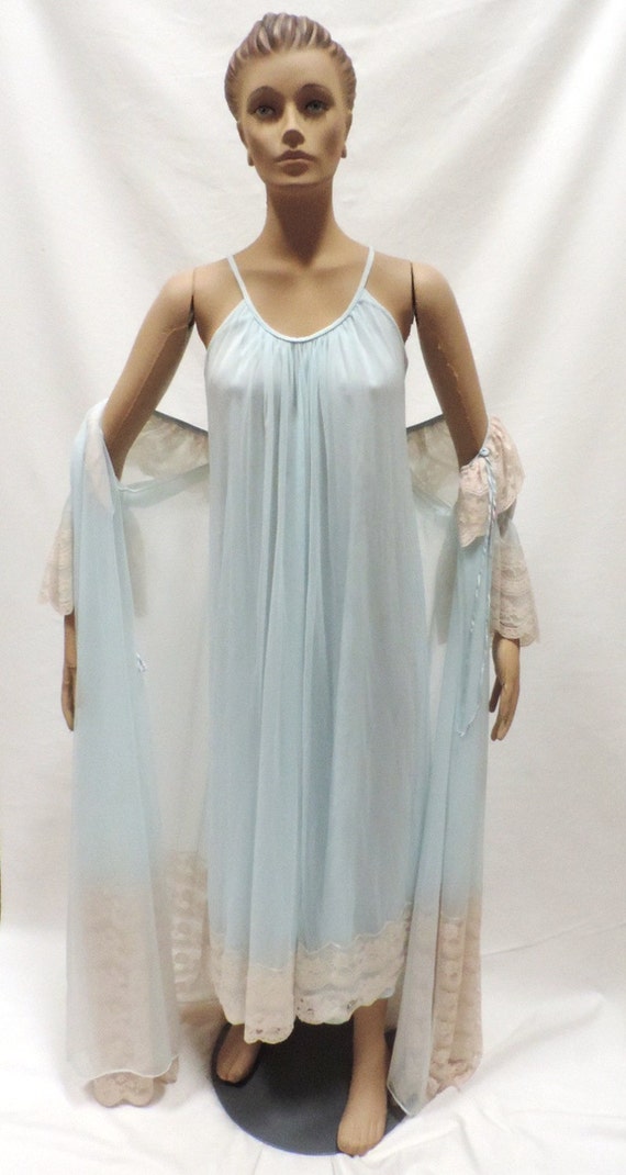 Vintage Nightgown Robe Sheer Chiffon Nylon Lace Blue Intime | Etsy