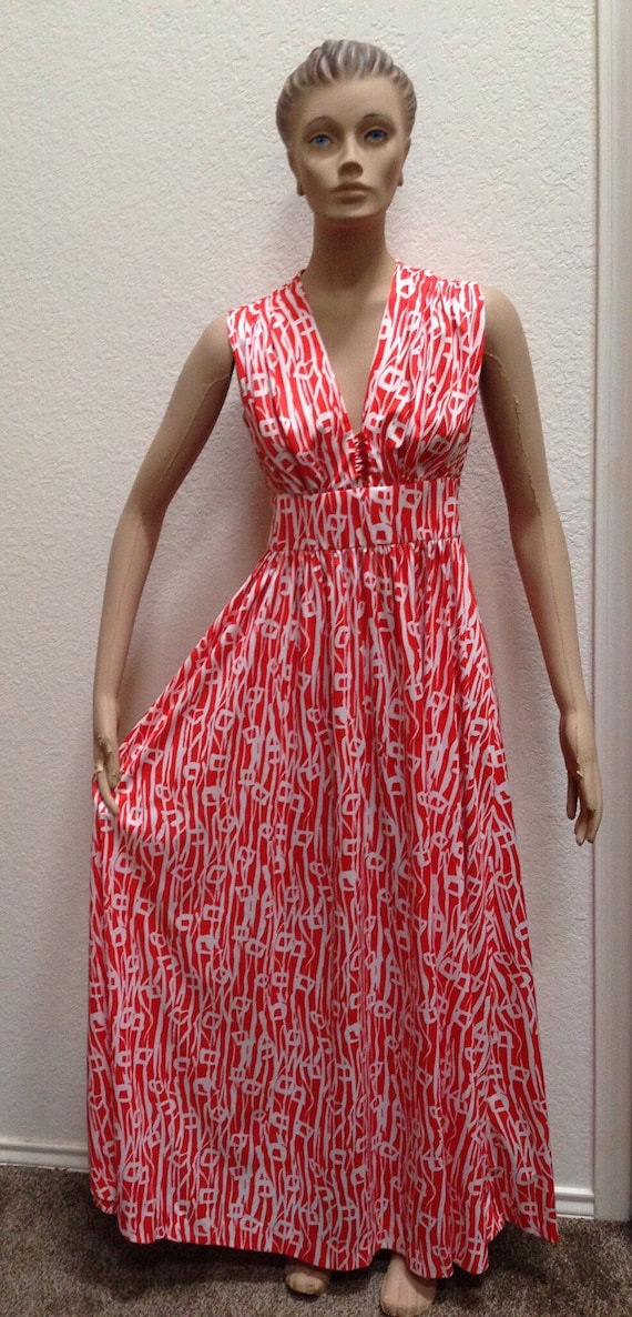 1970s Dress Summer Maxi Orange White Serbin Muriel