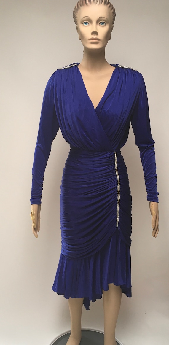 80s Ruched Dress Blue Stretch Rhinestone Evening F