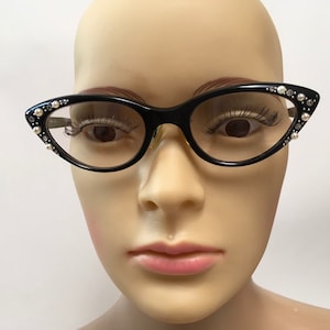 Cat Eye Glasses Frame Black Rhinestones Pearls Fay France Eyeglasses Case Vintage