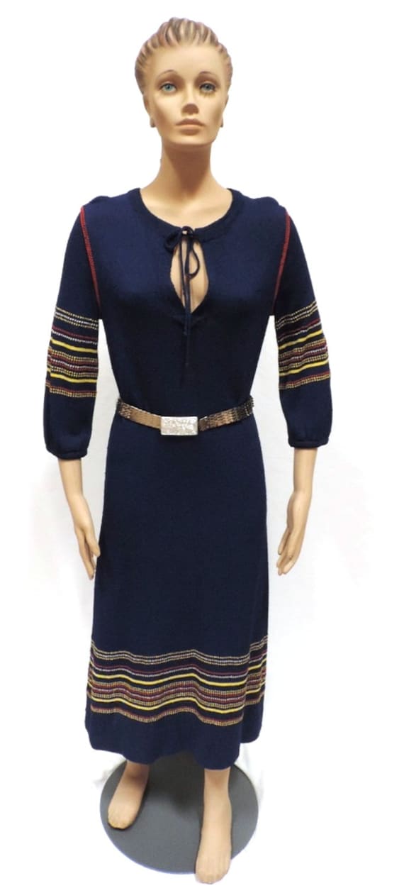 1970s Festival Dress Goldworm Blue Striped Texture