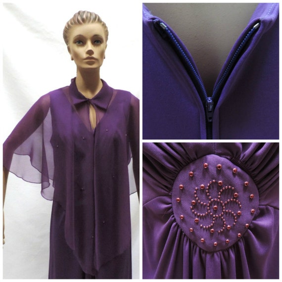 1970s Dress Purple Maxi Sheer Chiffon Beaded Ponc… - image 5