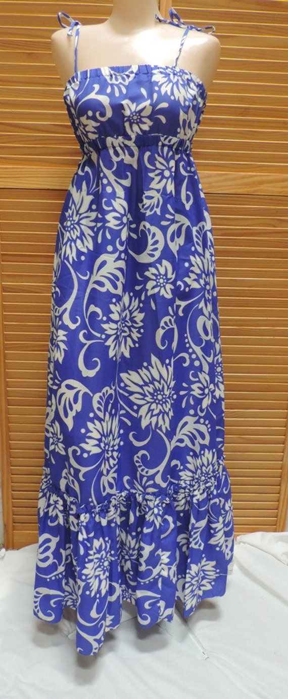 Hawaiian Dress Ruffled Pomare Blue White Floral Al