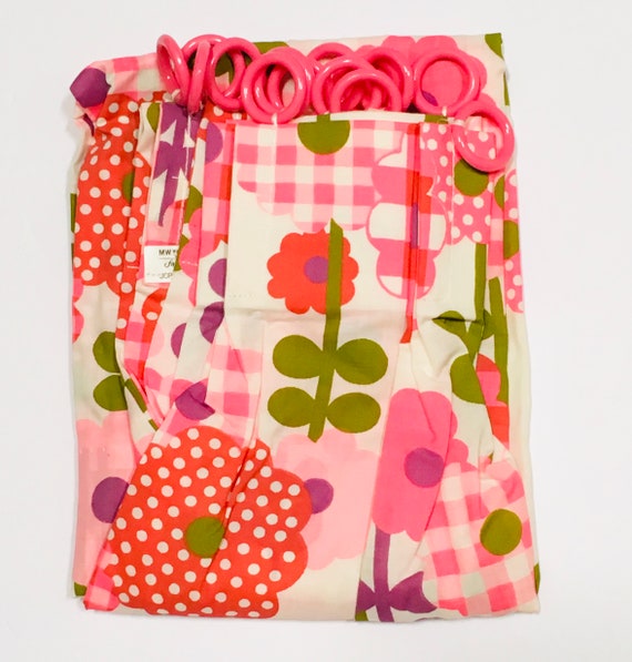 Pink Floral Cafe Curtains Kitschy Country Gingham Kitchen Etsy