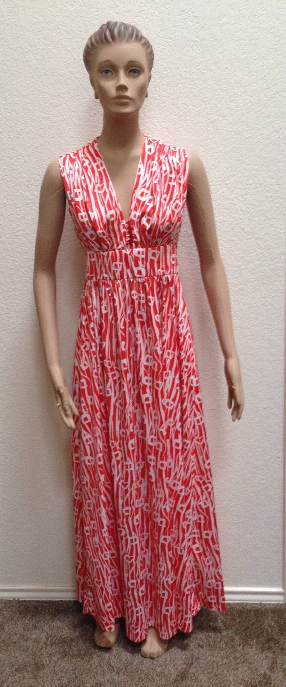 1970s Dress Summer Maxi Orange White Serbin Murie… - image 6