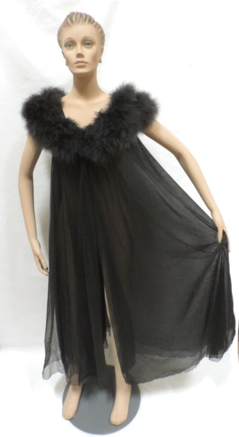 Double Chiffon Lingerie Set Marabou Feather Black Peignoir Etsy