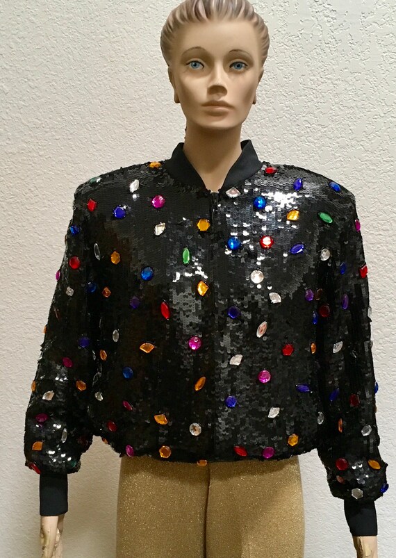 Sequin Bomber Jacket Silk Black Tie He Ro 80s Unis