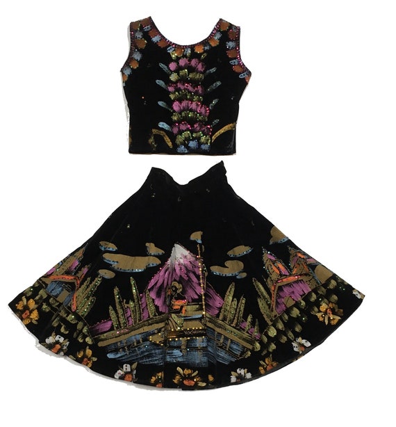 1950s Hand Painted Circle Skirt Top Sequin Salpra