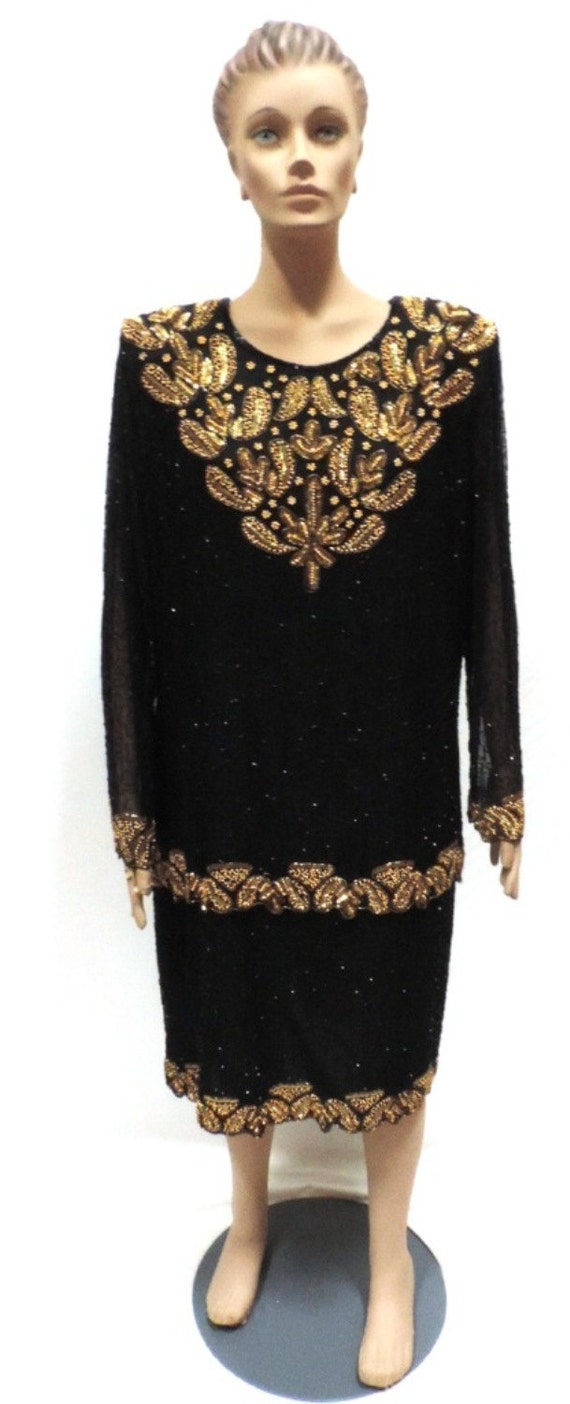 80s Sequin Dress LAURENCE KAZAR XL Black Silk Gold