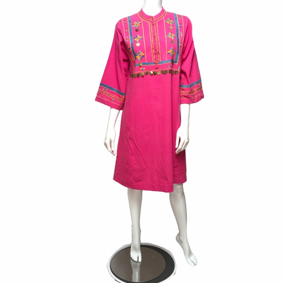 70s Josefa Mexico Dress Fuchsia Pink Ethnic Hand … - image 1